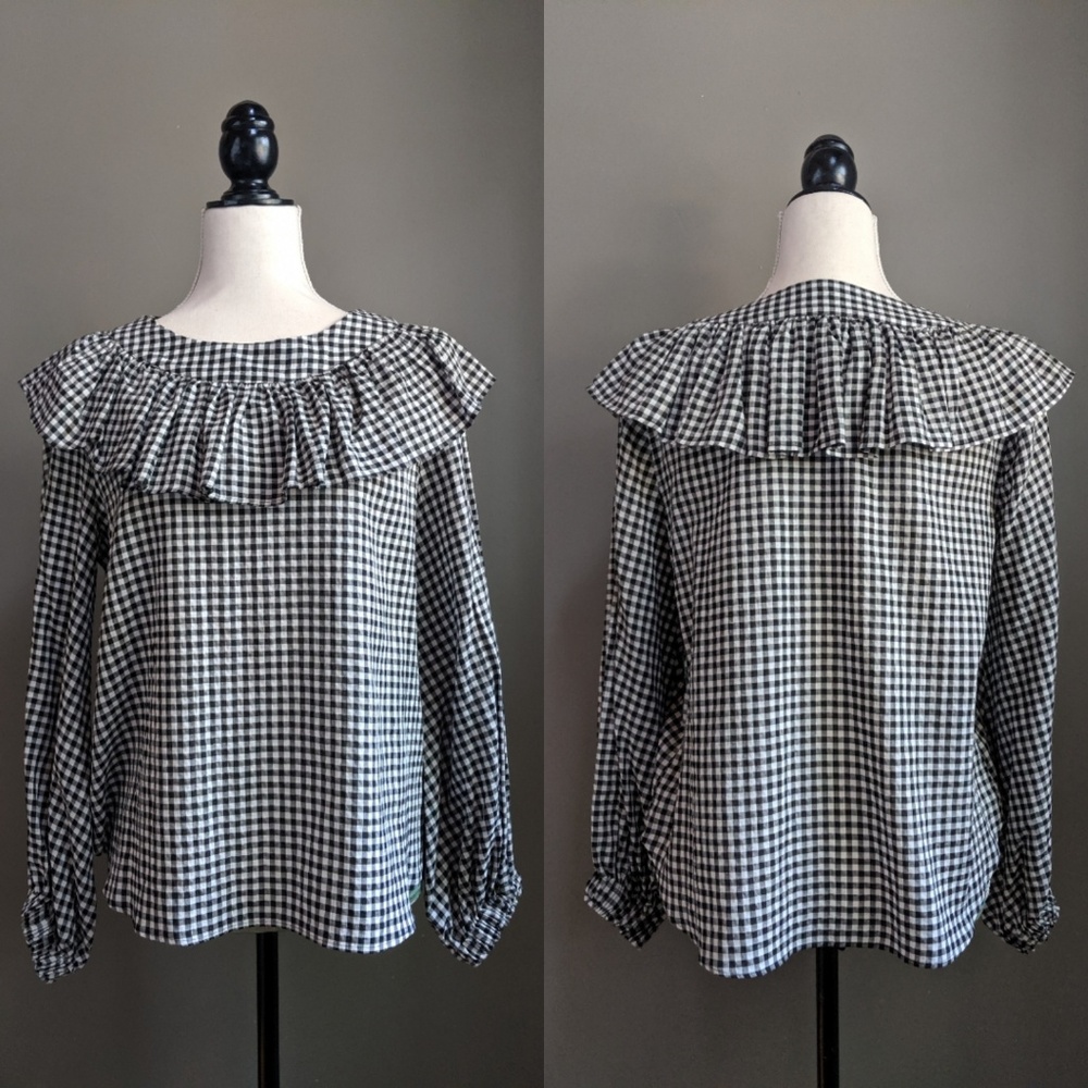 Zara Frilled Gingham Ruffle Neck Top - Picture 3 of 6